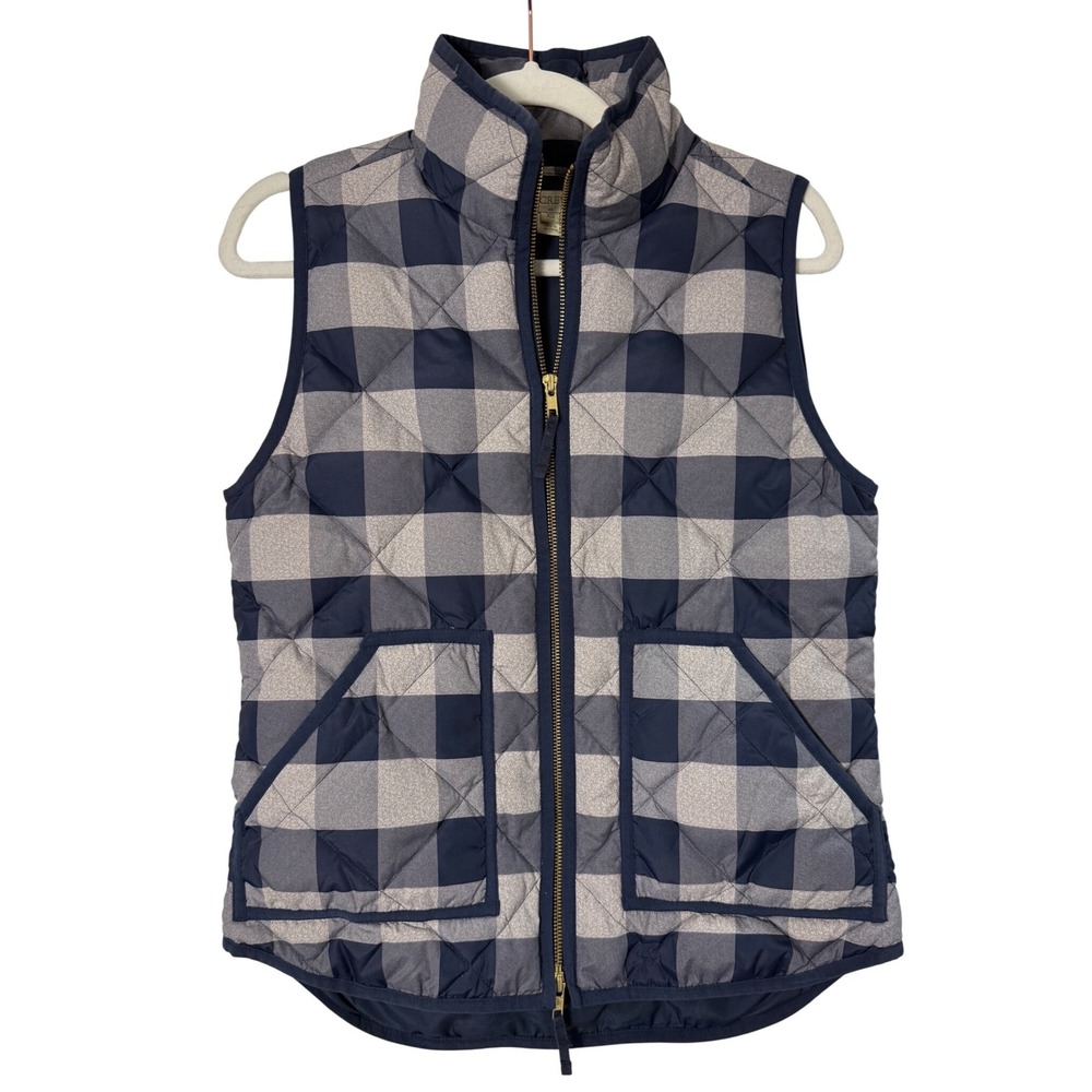 J.Crew Excursion Quilted Vest Women XS Navy Gray Buffalo Plaid Down Fill Zip Up